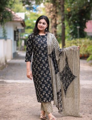 Printed Cambric Cotton Kurti With Bottom and Dupatta - M1718