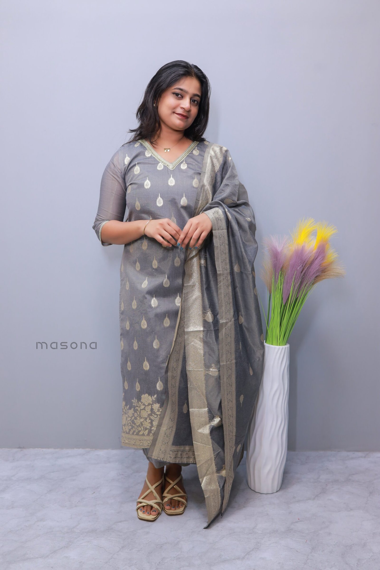 Chanderi Shimmer Jaquard Slitted Kurta Set with Dupatta - M1639 - Image 2