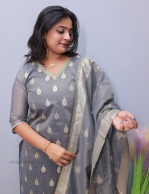 Chanderi Shimmer Jaquard Slitted Kurta Set with Dupatta - M1639