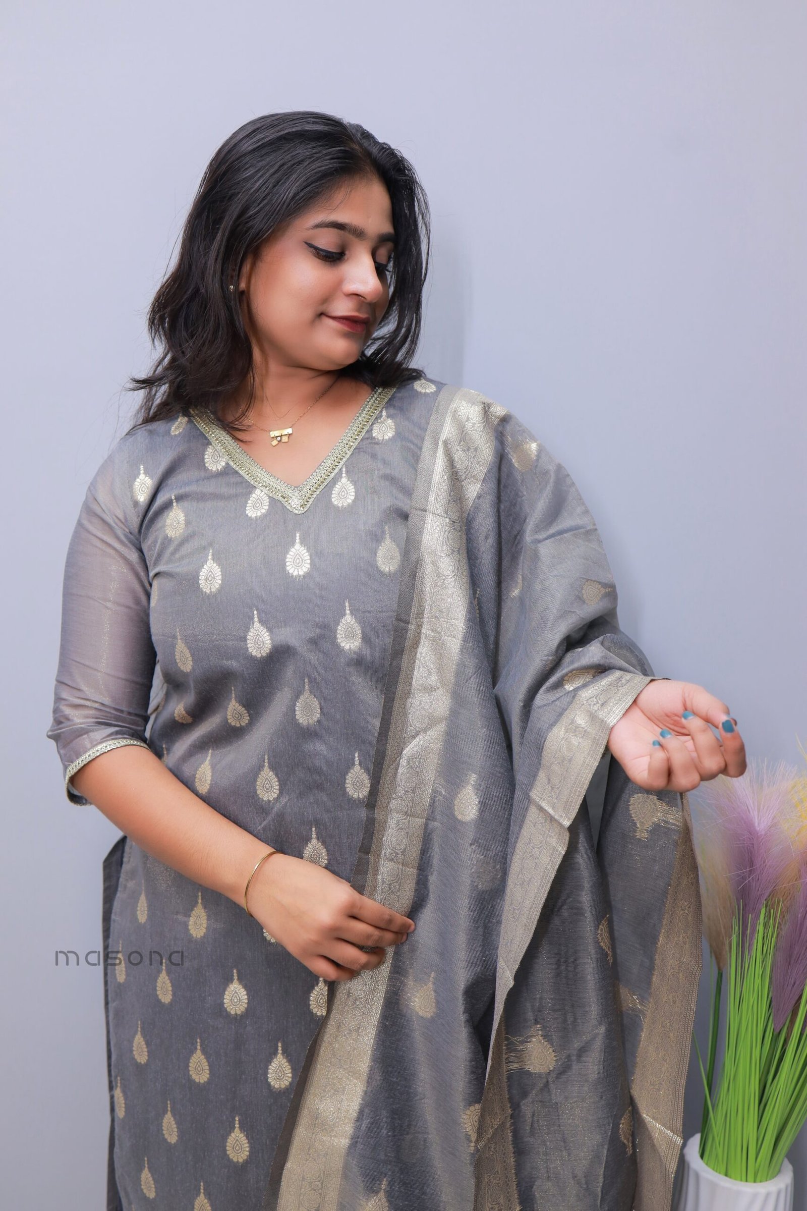 Chanderi Shimmer Jaquard Slitted Kurta Set with Dupatta - M1639