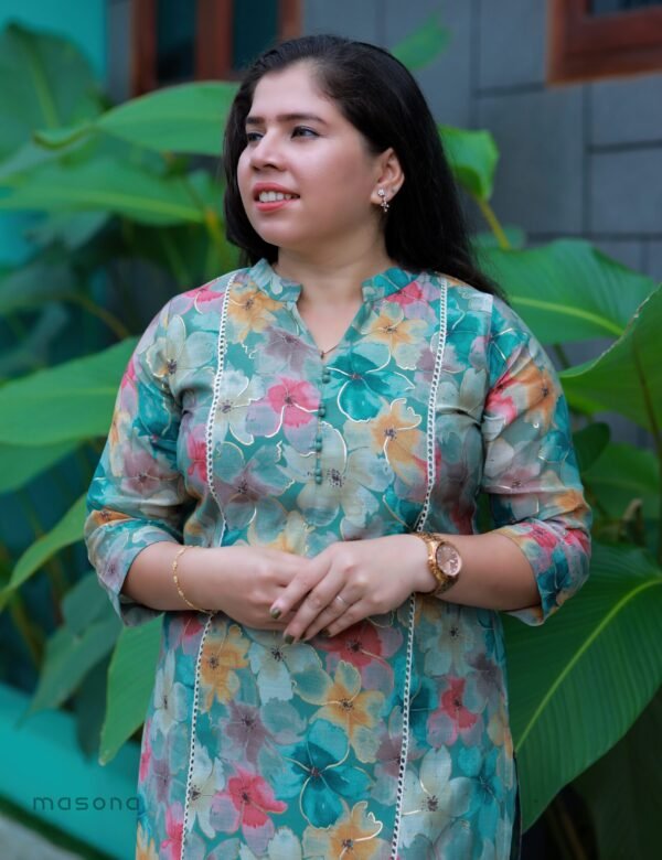 Beautiful Mal Chanderi Floral Printed Slit Kurti With Plain Bottom - M1725