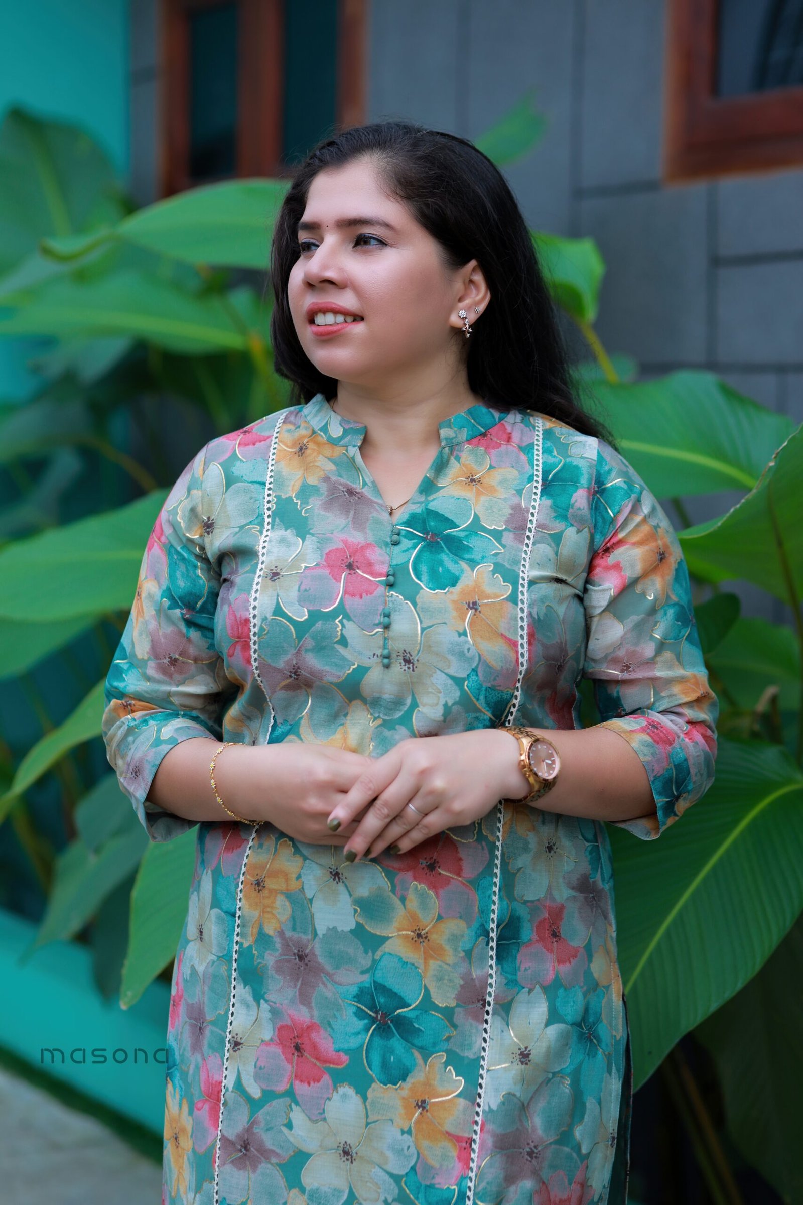 Beautiful Mal Chanderi Floral Printed Slit Kurti With Plain Bottom - M1725