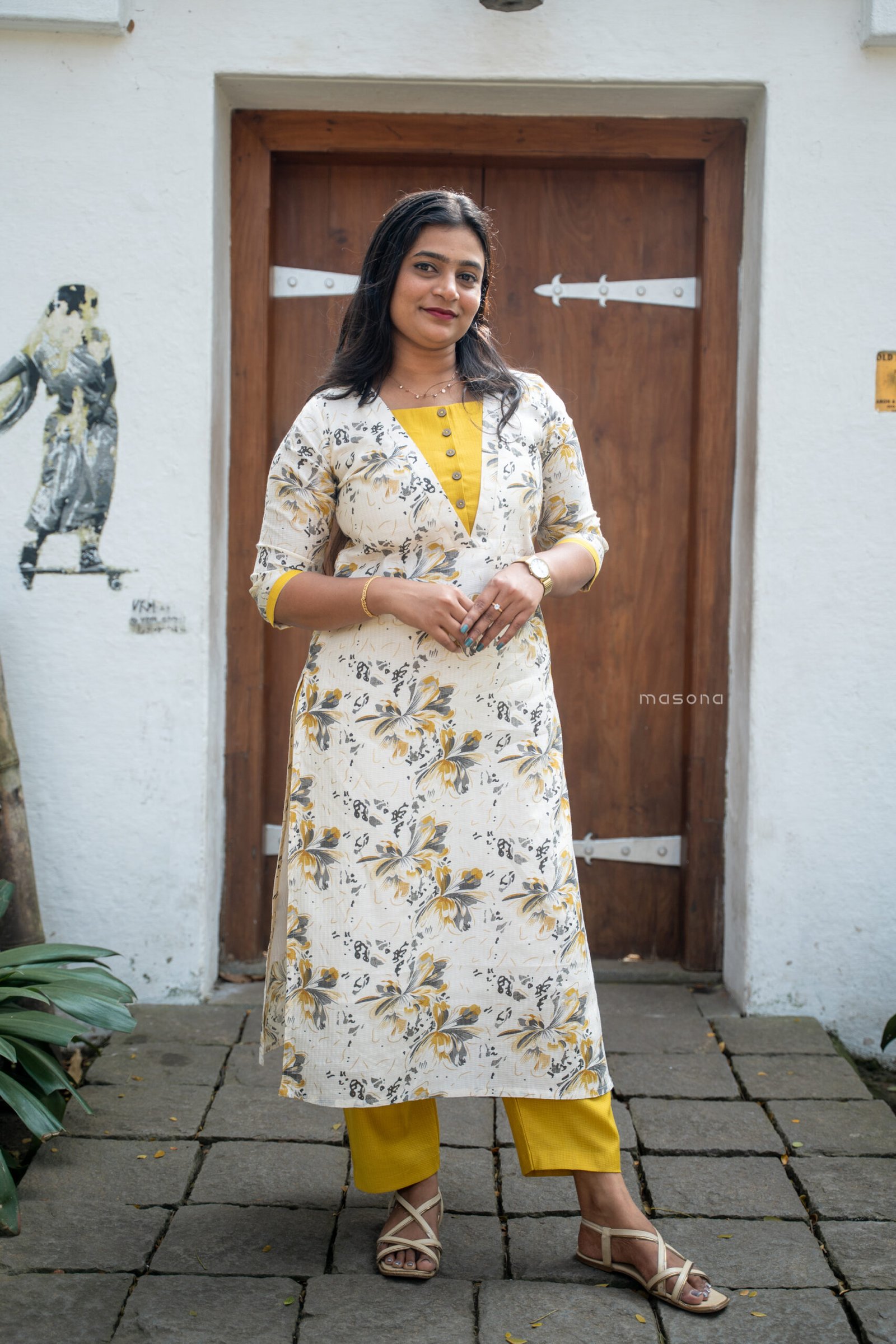 Contemporary Wrap-Style Floral Kurti & Plain Bottom - M1740