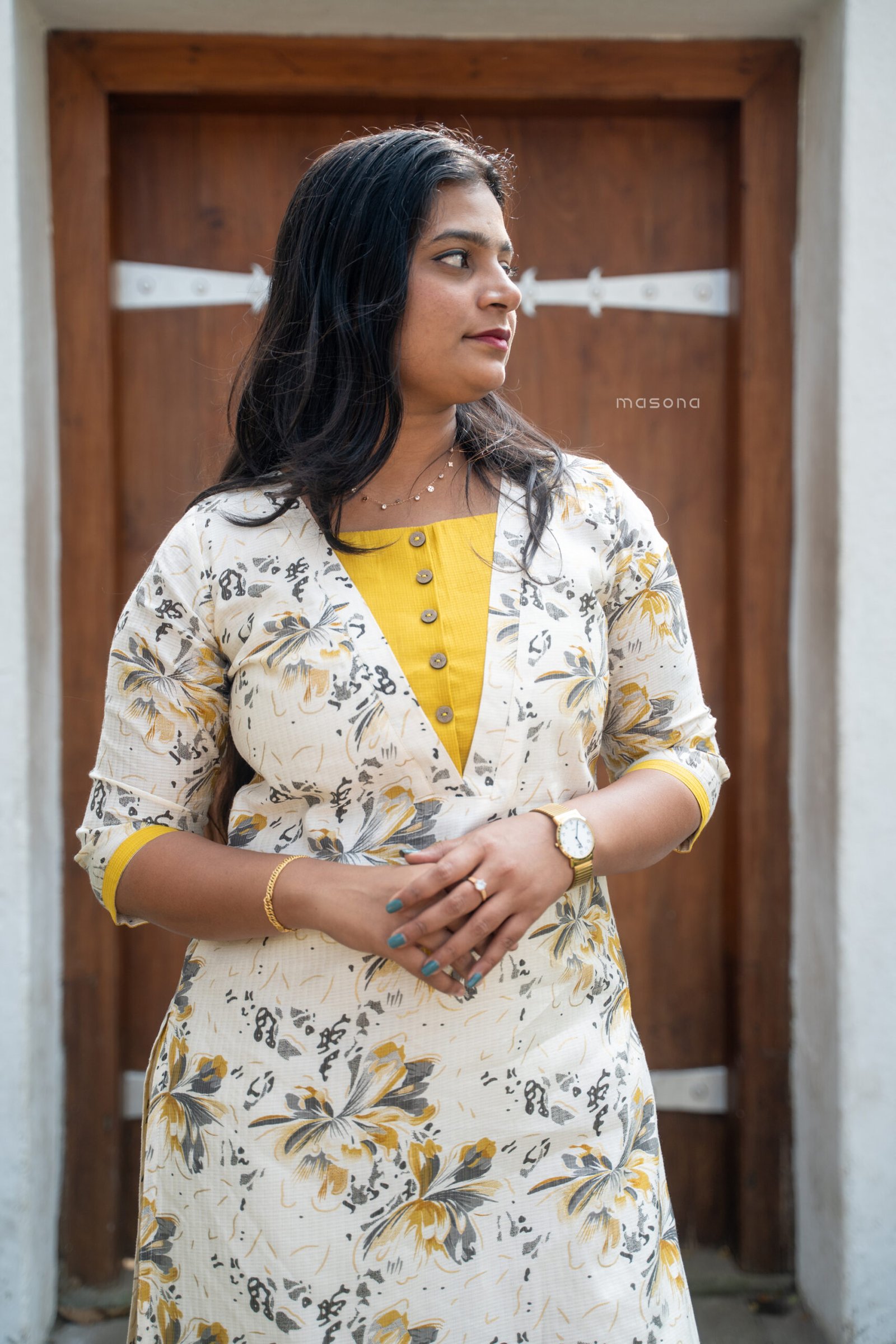 Contemporary Wrap-Style Floral Kurti & Plain Bottom - M1740 - Image 3