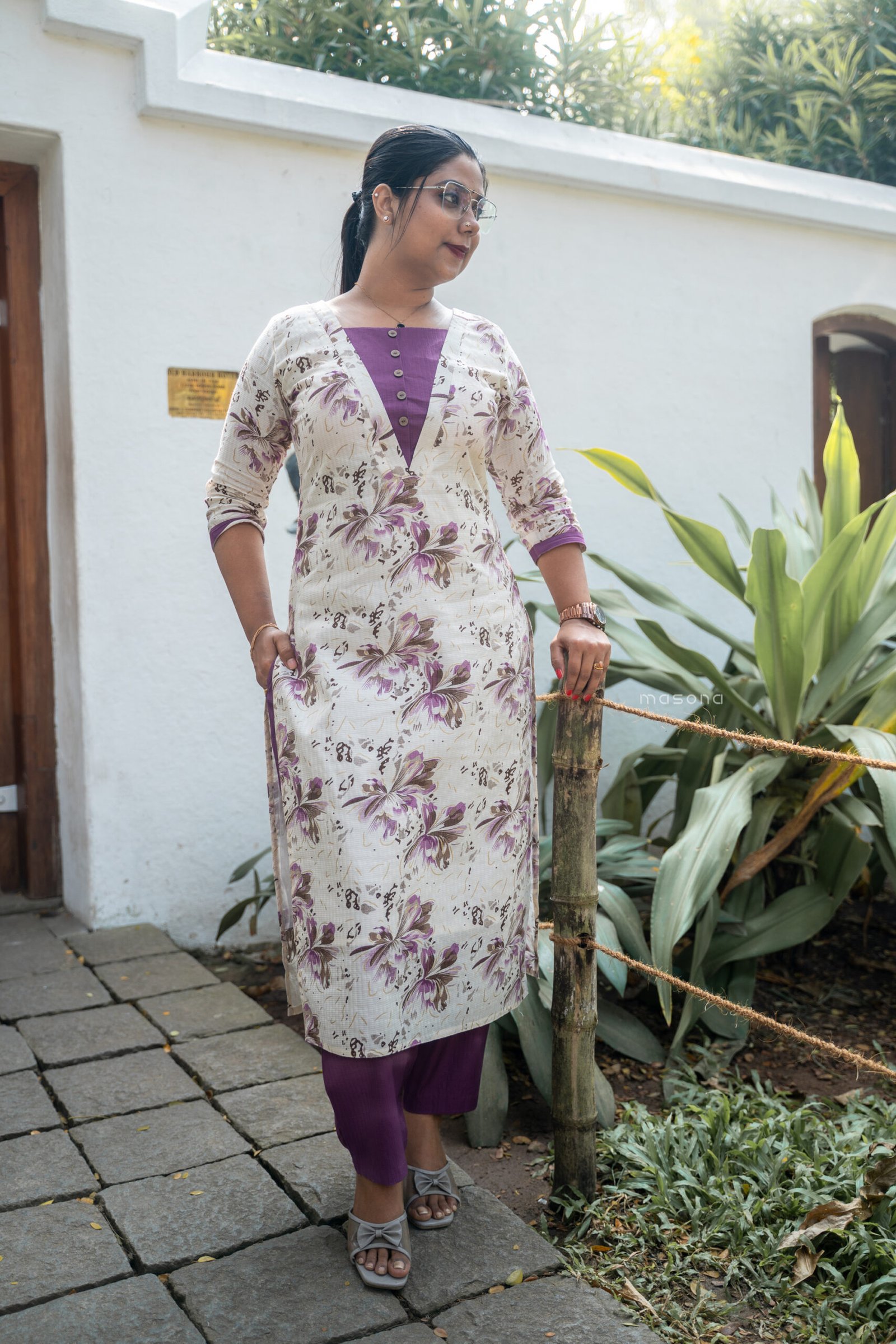 Contemporary Wrap-Style Floral Kurti & Plain Bottom - M1740 - Image 5