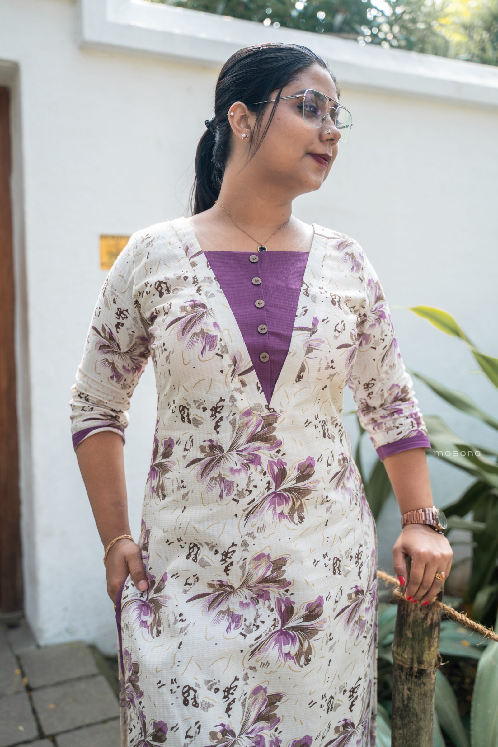 Contemporary Wrap-Style Floral Kurti & Plain Bottom - M1740 - Image 6