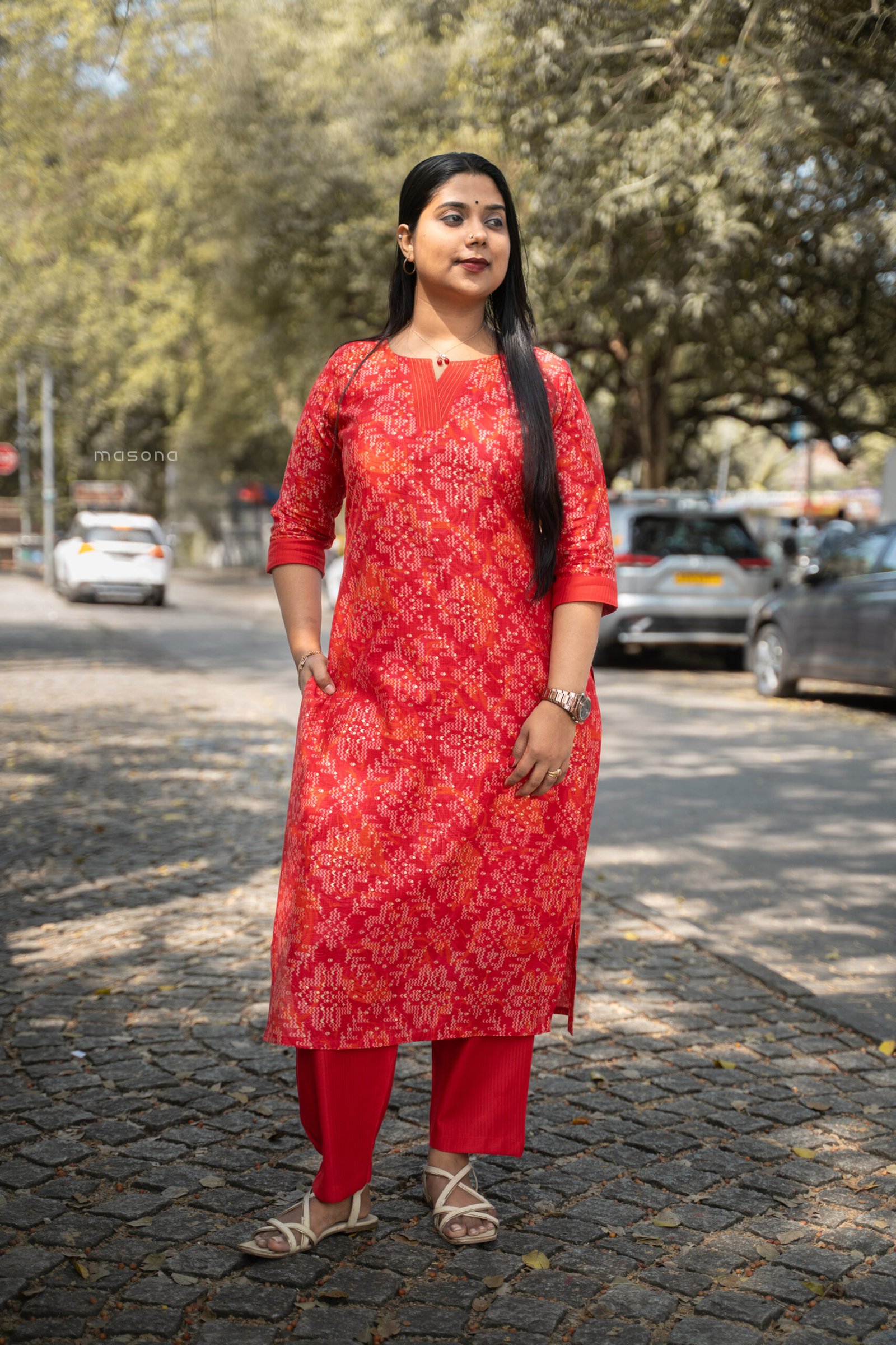 Printed Top and Plain Bottom Kurti Set - M1741 - Image 5