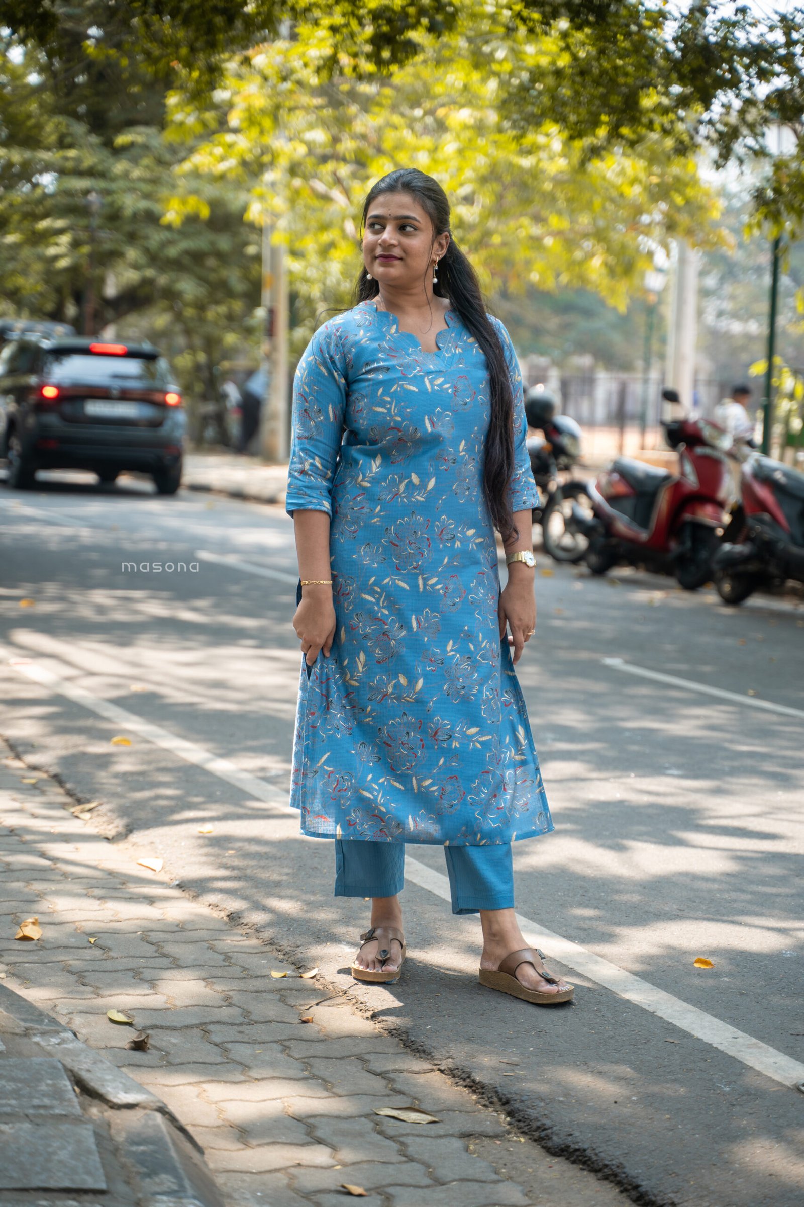 Soft Scattered Floral Print Kurti with Scalloped Neck, Top & Bottom - M1769 - Image 2