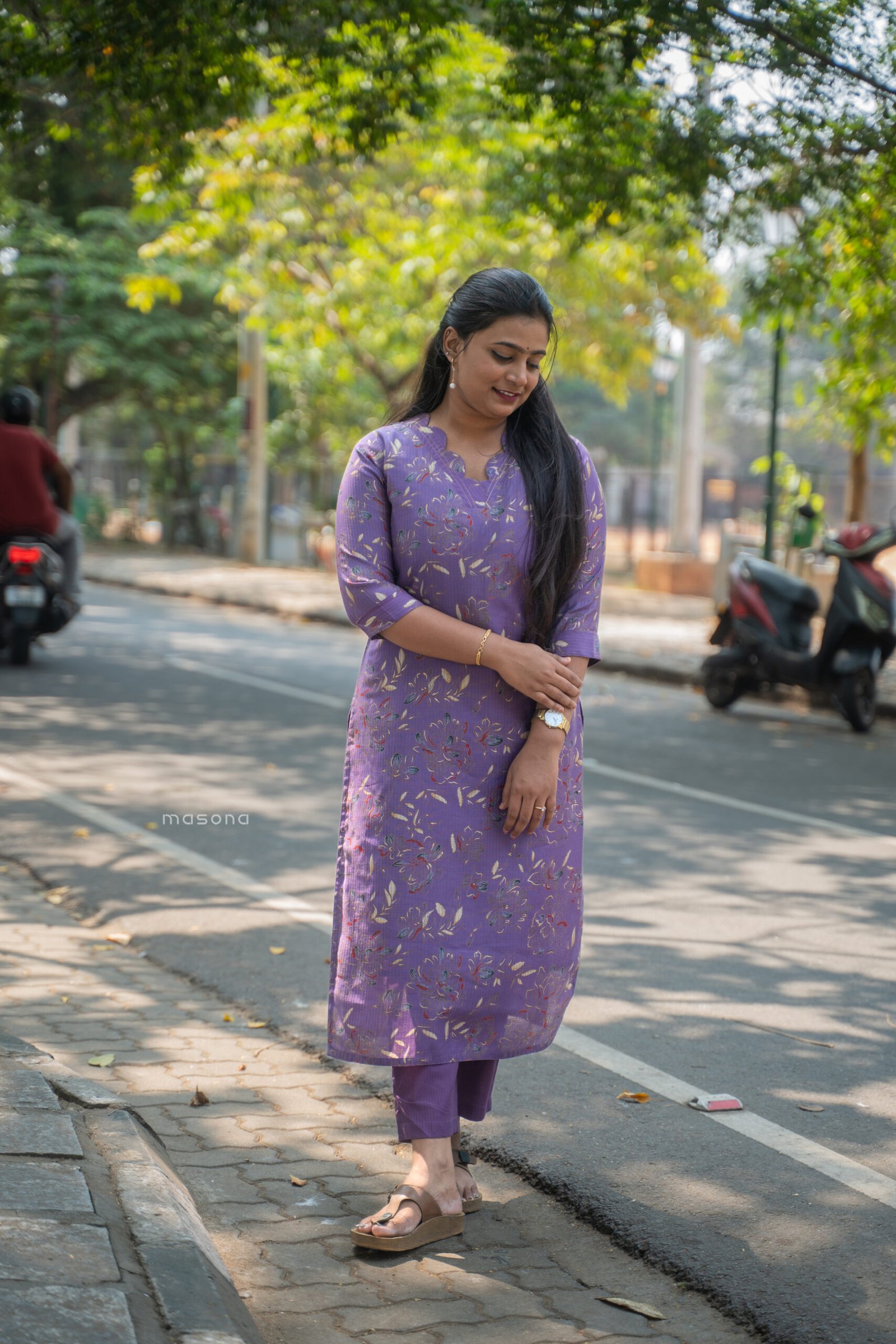 Soft Scattered Floral Print Kurti with Scalloped Neck, Top & Bottom - M1769 - Image 5