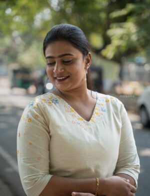 Off-White Straight Kurti with Pastel Floral Embroidered Neckline - M1781