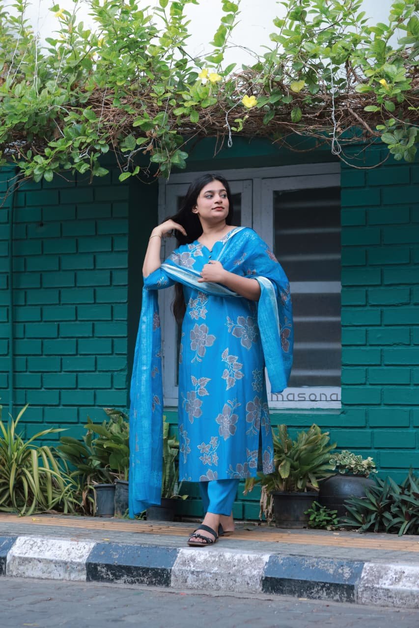 Grace Line Floral Kurti with Plain Bottom & Matching Dupatta - M1788 - Image 2