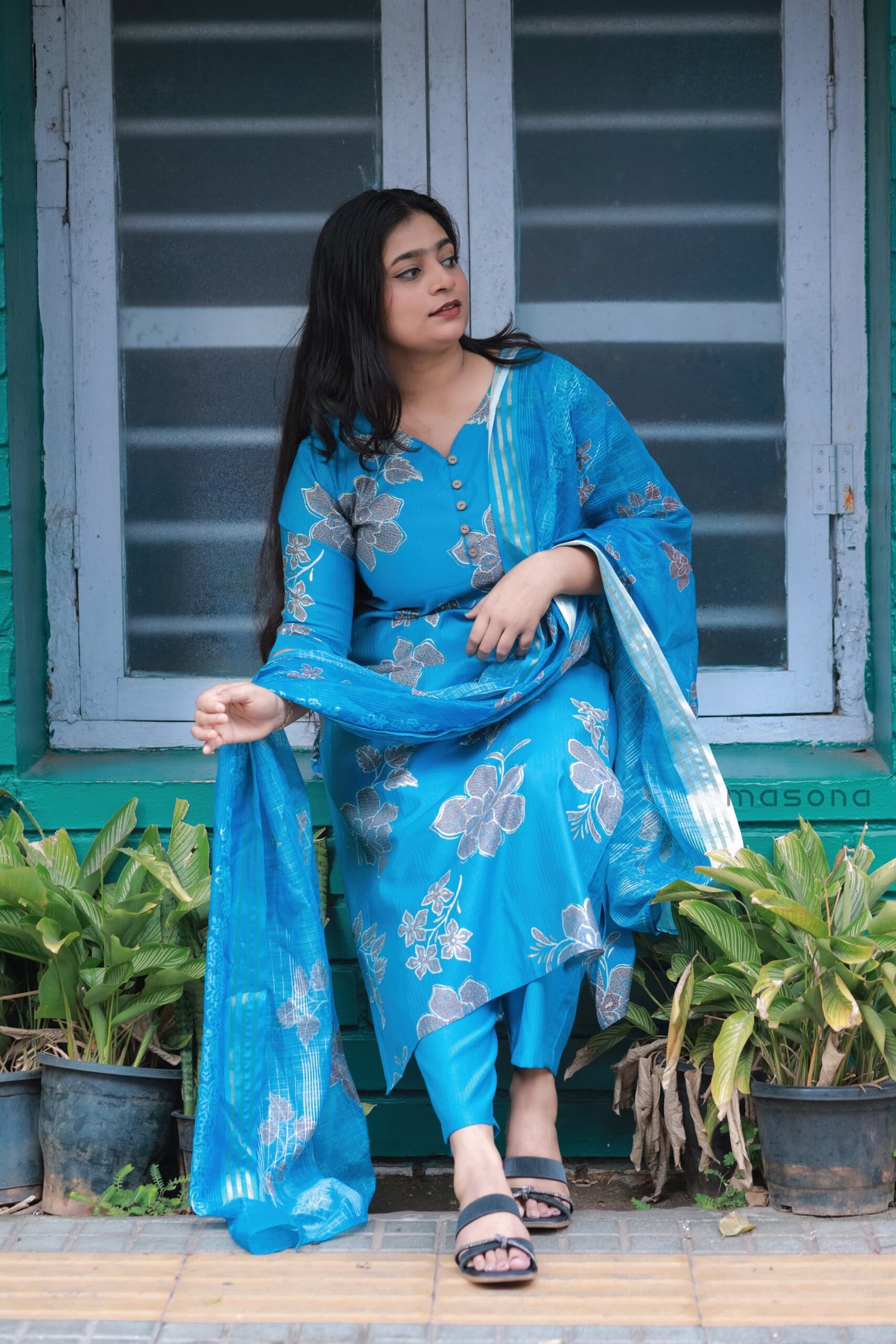 Grace Line Floral Kurti with Plain Bottom & Matching Dupatta - M1788 - Image 3