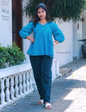 South Cotton V-neck Gathered Short Top with Balloon Sleeves - M1797