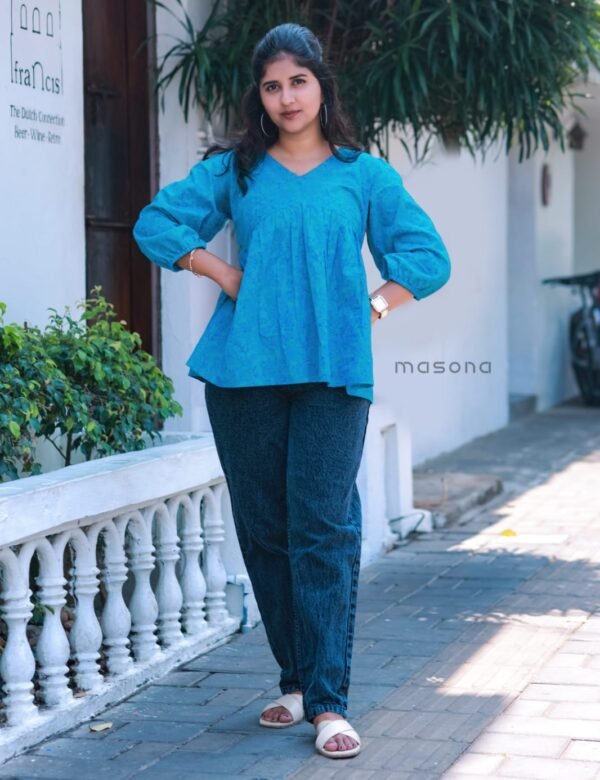 South Cotton V- neck Gathered Short Top with Balloon Sleeves - M1797