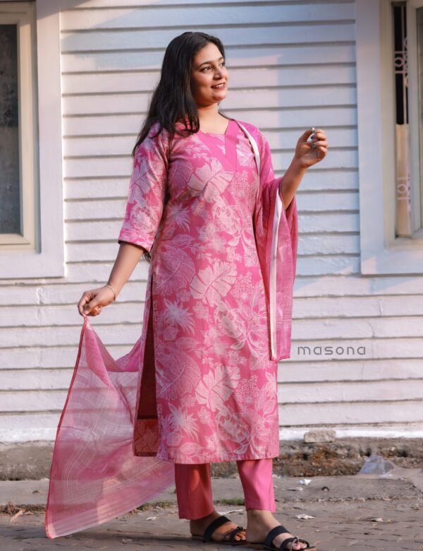 Subtle Floral and Foliage Printed Top, Dupatta and Plain Bottom - M1795 - Rose Pink, XXL