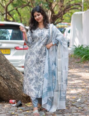 Berlin Floral Printed Slitted Top with Matching Dupatta and Plain Bottom - M1789