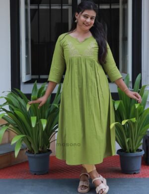 Dabu cotton flair kurti with floral embroidery on the yoke-M1854