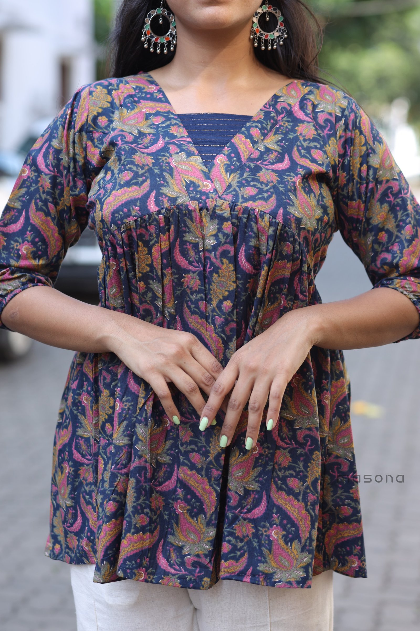 Indo-Western Casual Style Short Top with V-Neck Layered Yoke Detailing - M1870 - Image 5