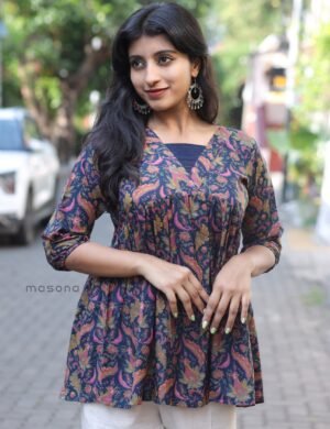 Indo-Western Casual Style Short Top with V-Neck Layered Yoke Detailing - M1870
