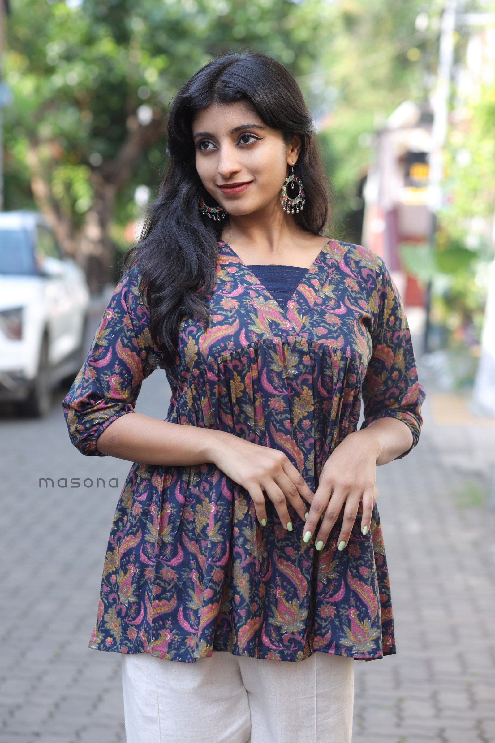 Indo-Western Casual Style Short Top with V-Neck Layered Yoke Detailing - M1870 - Image 4