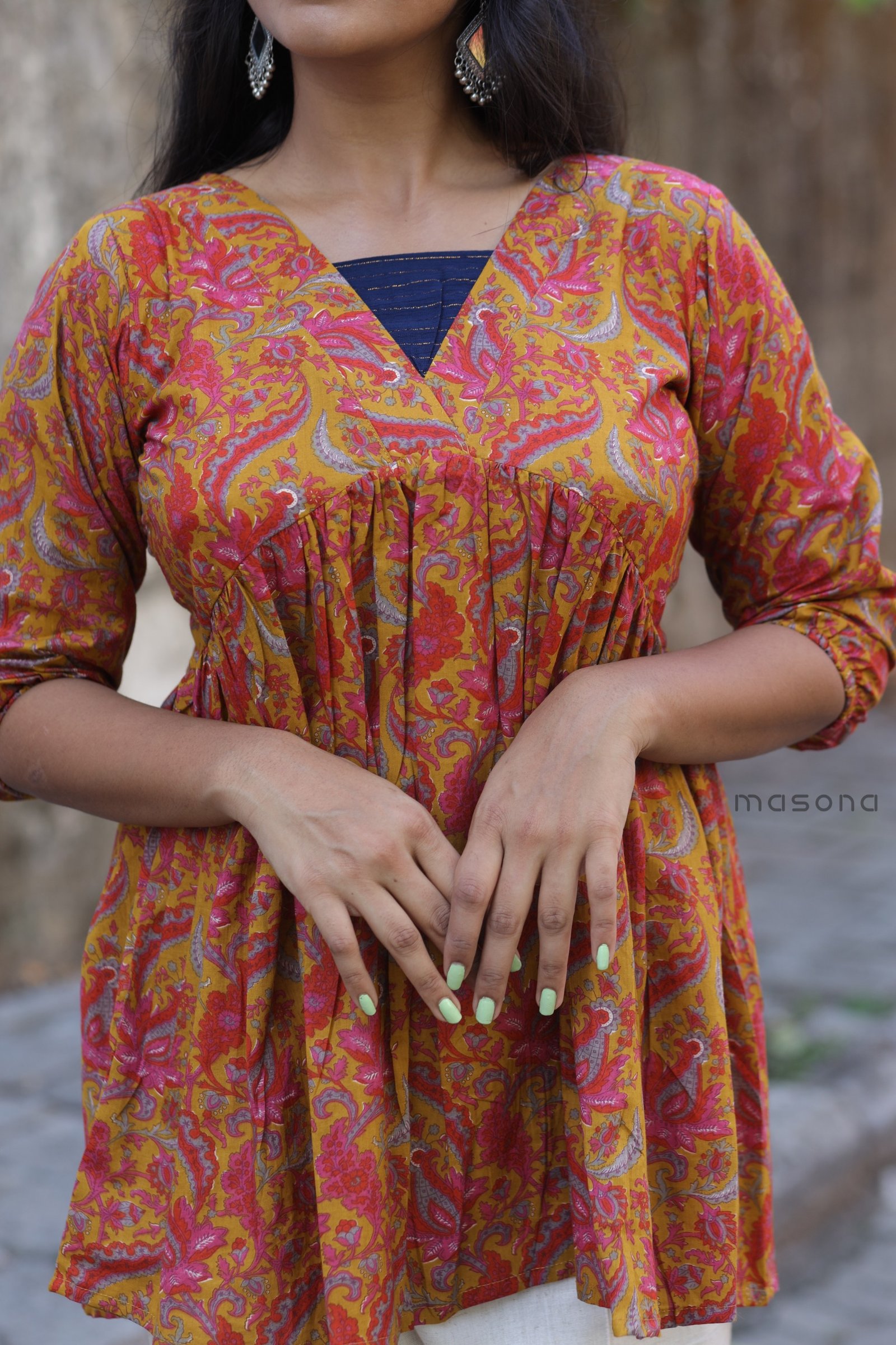 Indo-Western Casual Style Short Top with V-Neck Layered Yoke Detailing - M1870 - Image 3