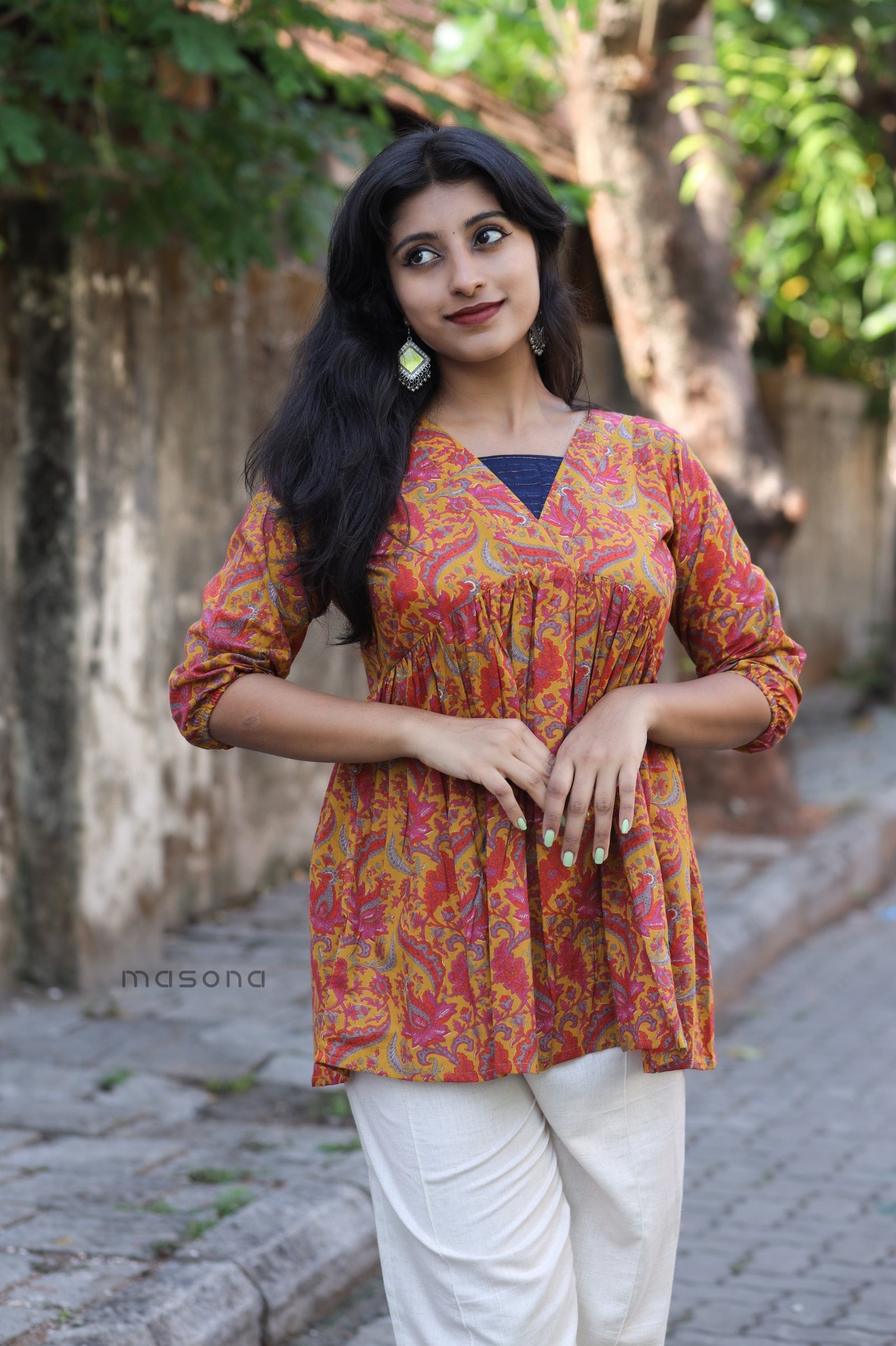 Indo-Western Casual Style Short Top with V-Neck Layered Yoke Detailing - M1870 - Image 2