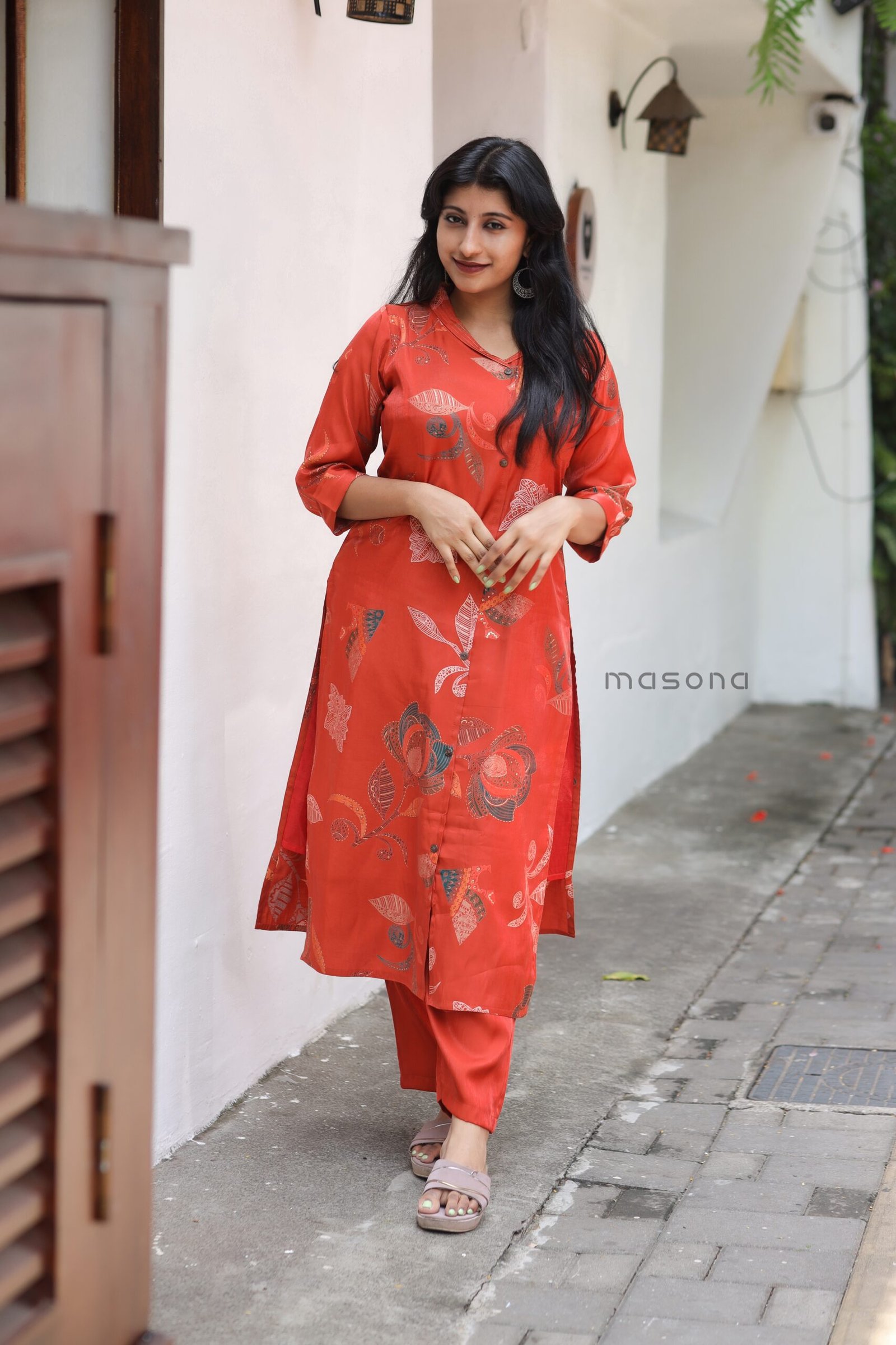 Roman glass ethnic cord set with Mandarin V-neck collar with zeri thread detailing -M1866