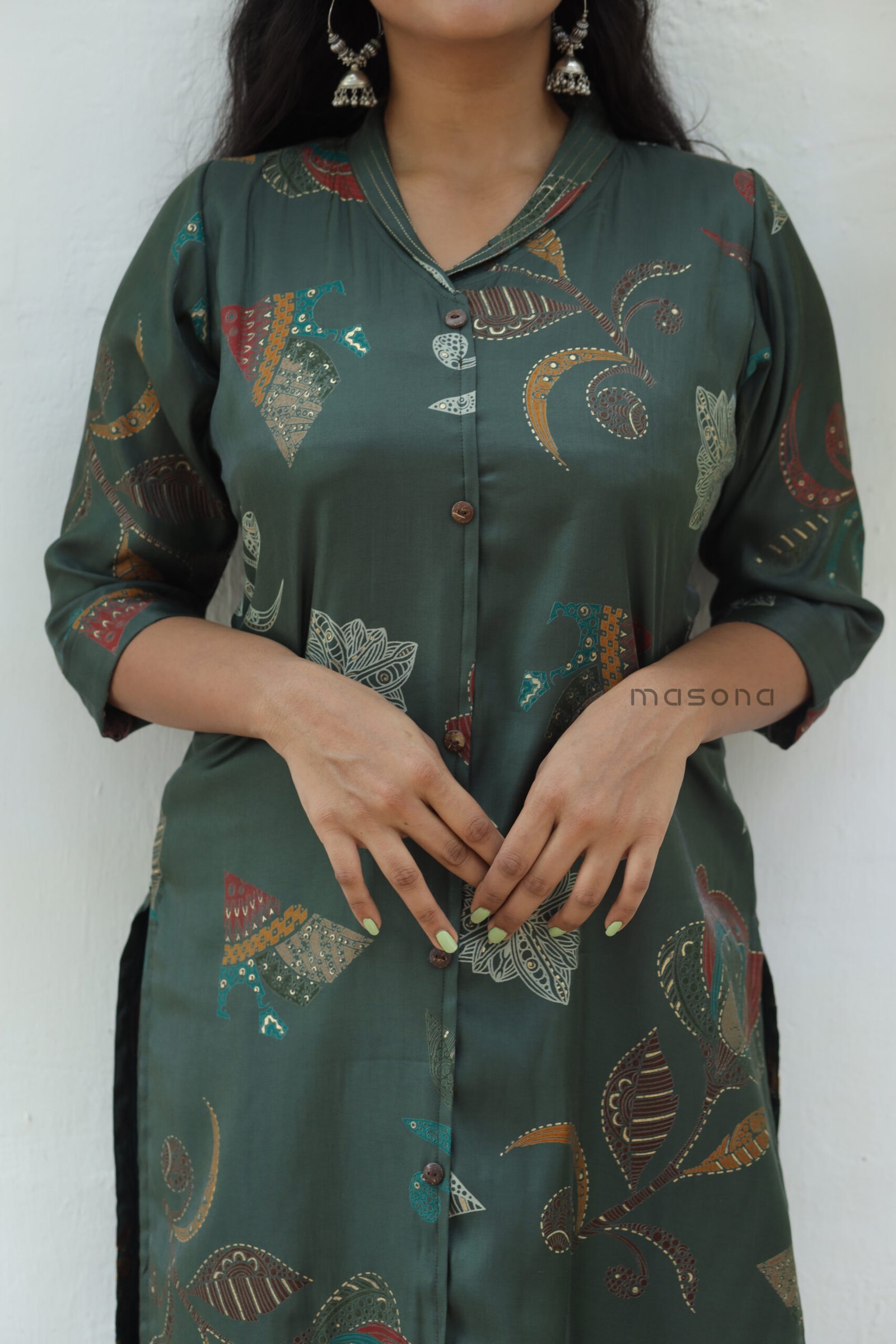Roman glass ethnic cord set with Mandarin V-neck collar with zeri thread detailing -M1866 - Image 7