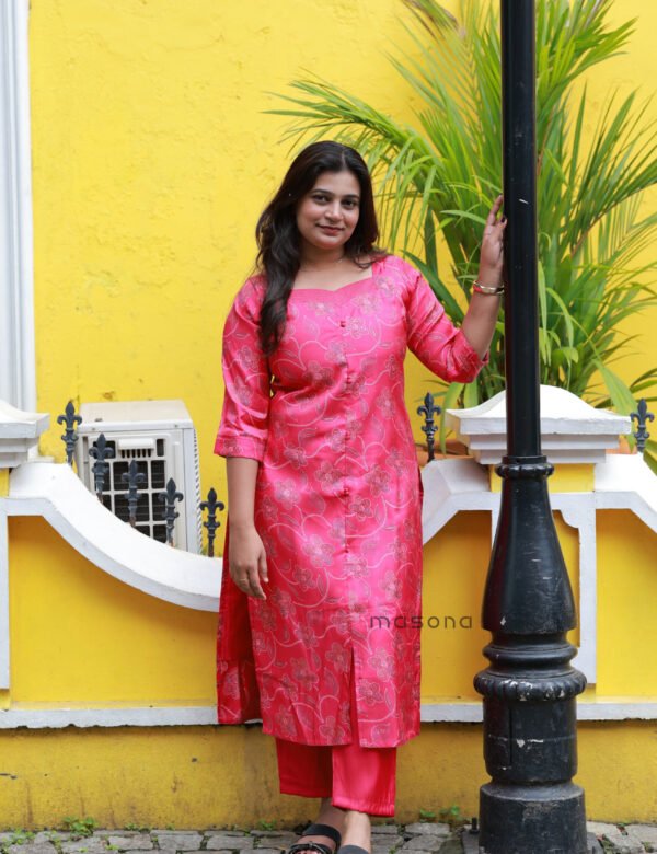 Roman Glass Fabric Soft Foil Print Kurti Set with Potli Button Detailing - M1895