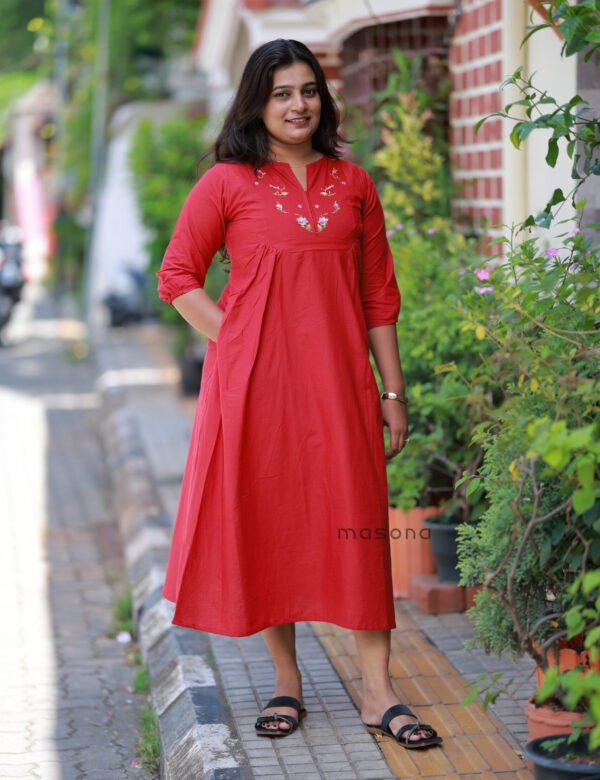 Floral Embroidered Cotton A-line Kurti - M1841