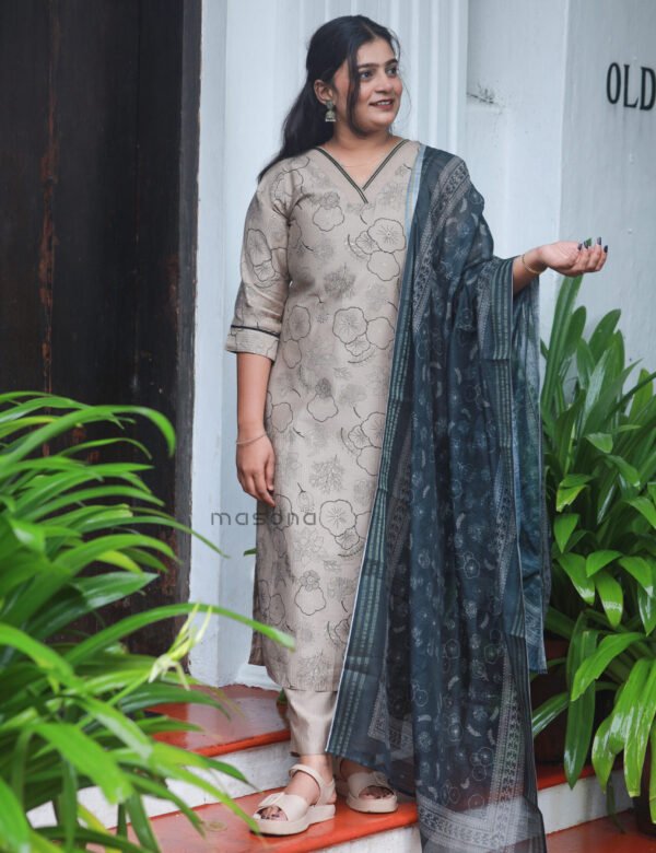 Berlin Floral Printed Kurti Set - M1908 - Beige grey, L