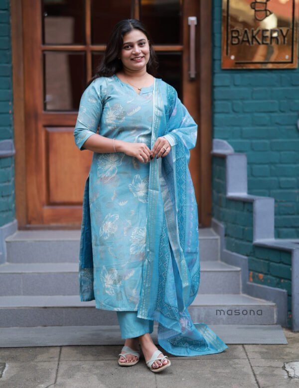 Metallic Floral Printed Top with Scalloped Neck and Matching Bottom & Dupatta - M1903