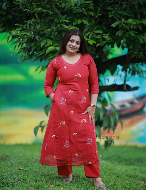 Mal Chanderi A-line Kurti Set with Delicate Floral Embroidery - M1978