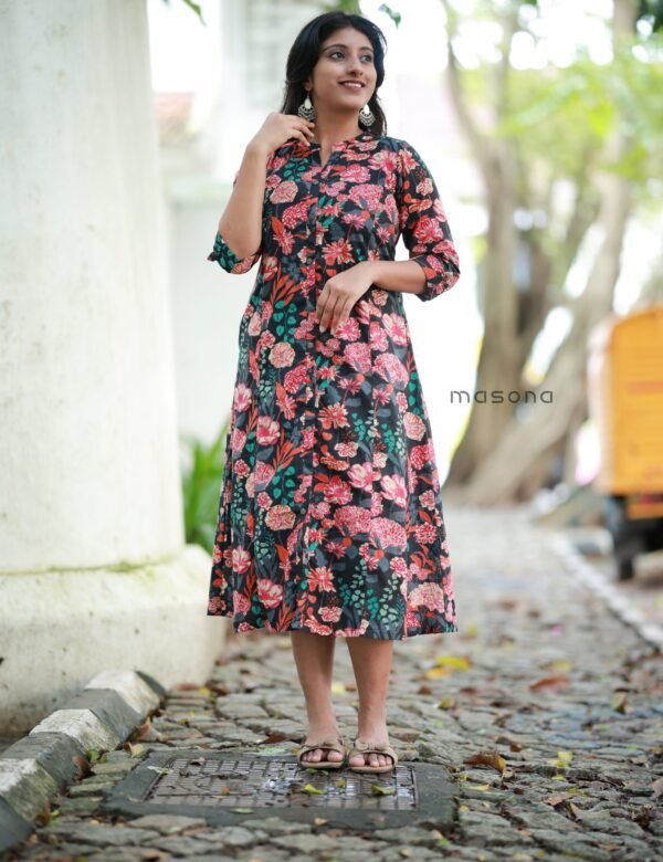 Cambric Cotton Floral Printed A-line Kurti with Mandarin Band Collar - 1878