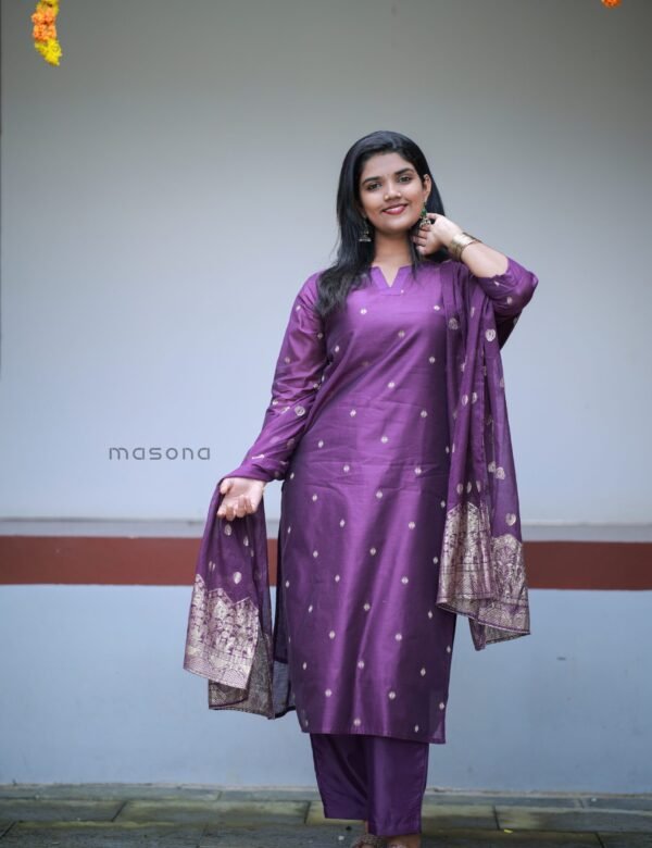 Cotton Slub Kurti Set with Delicate Gold Woven Butti Motifs Paired with Zari Border Dupatta - M1990