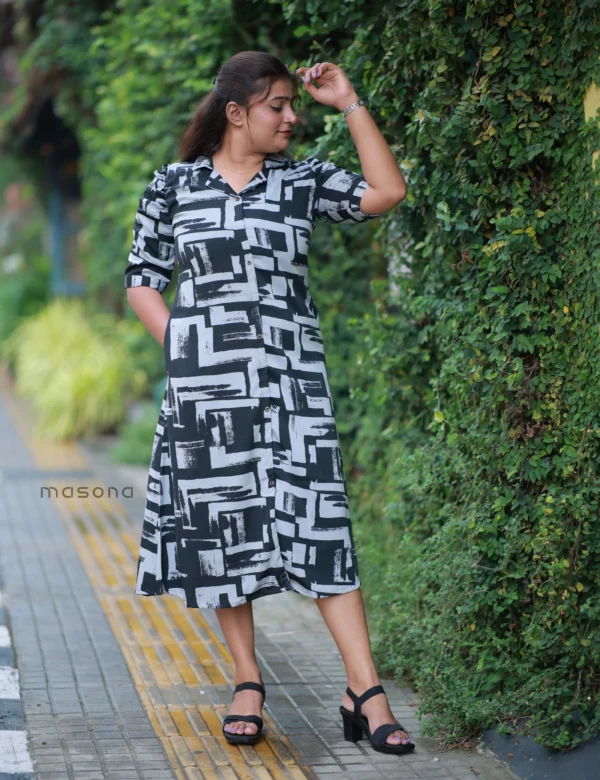 Powder Rayon geometric brush printed A-line kurti with elbow puff sleeves -1928
