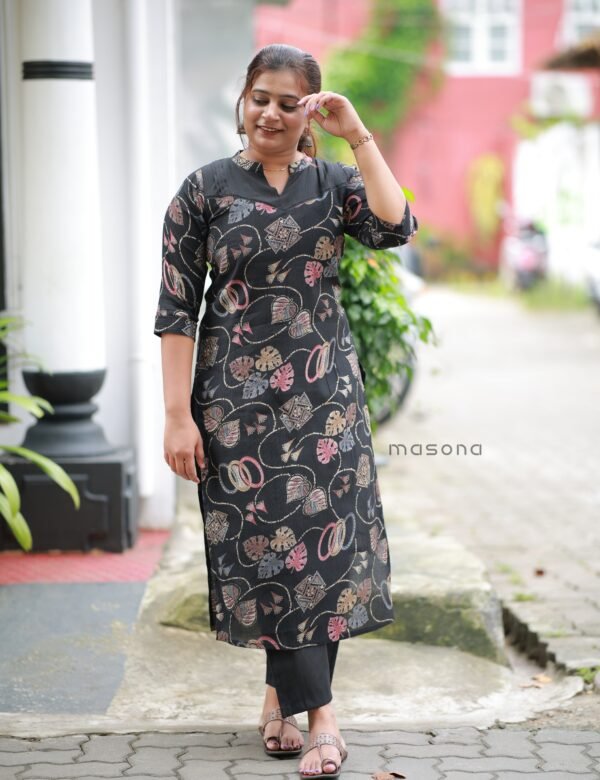Milano chiffon leaf line charm kurti set with Lace detailing on the yoke -M1934