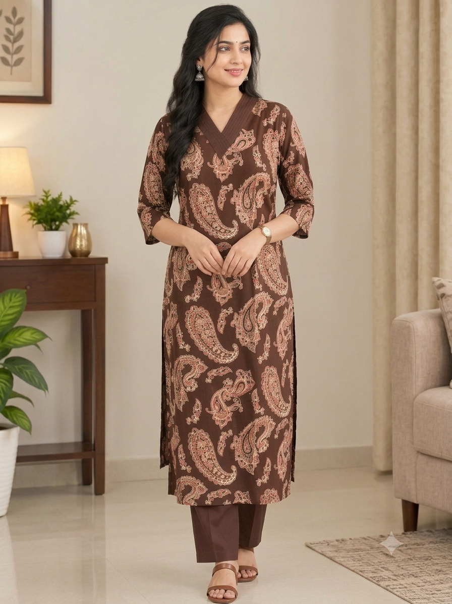 Paisley Cambric V-Neck Kurti - M1959