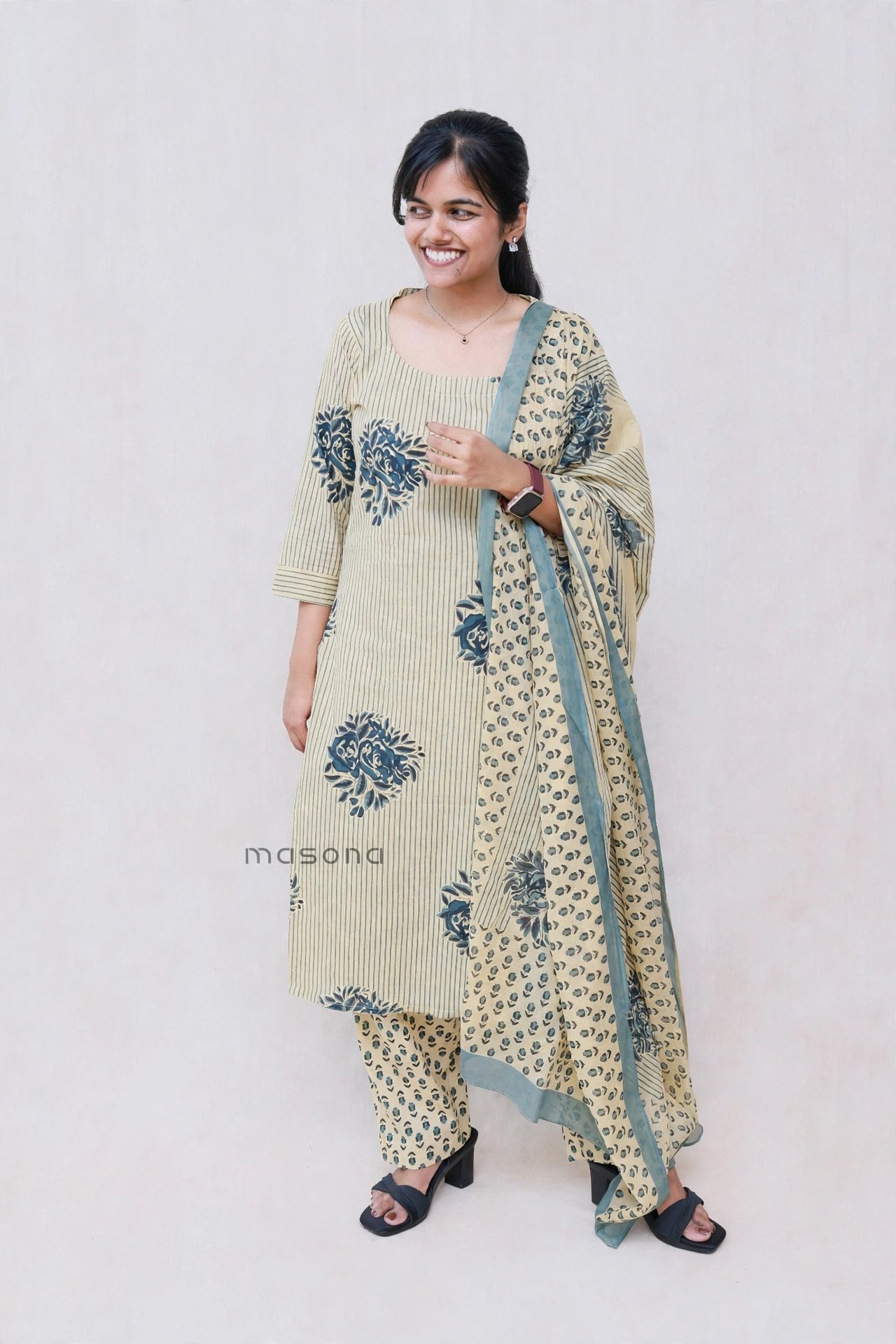 Floral Stripe Top Bottom Dupatta Set – M2071 - Image 2