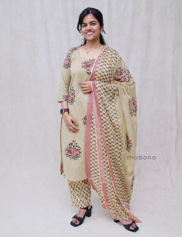 Floral Stripe Top Bottom Dupatta Set – M2071