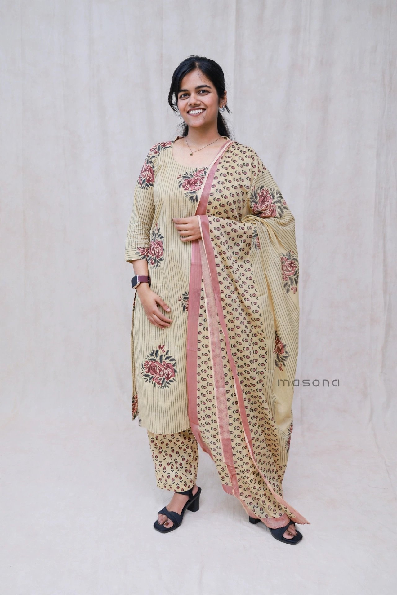 Floral Stripe Top Bottom Dupatta Set – M2071