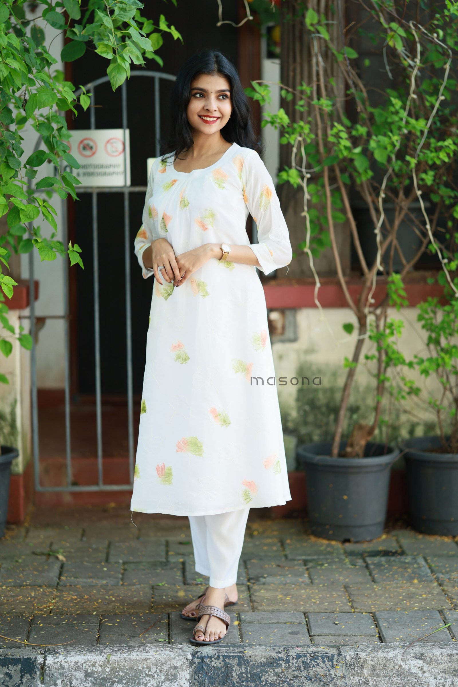Coral Silk A Line Kurti With Brush Print - M2040 - Image 6