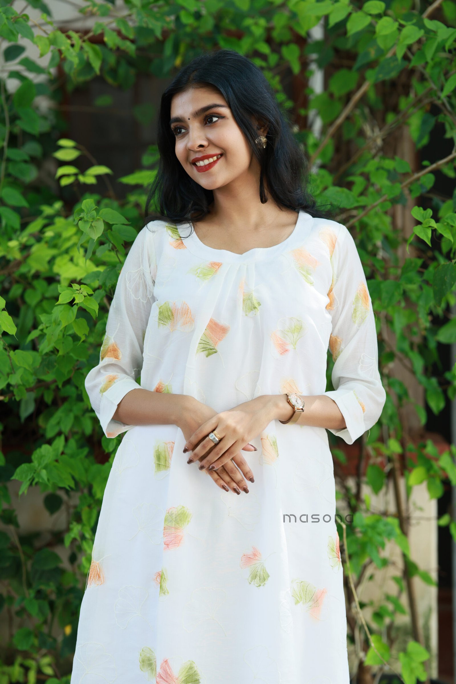 Coral Silk A Line Kurti With Brush Print - M2040 - Image 5