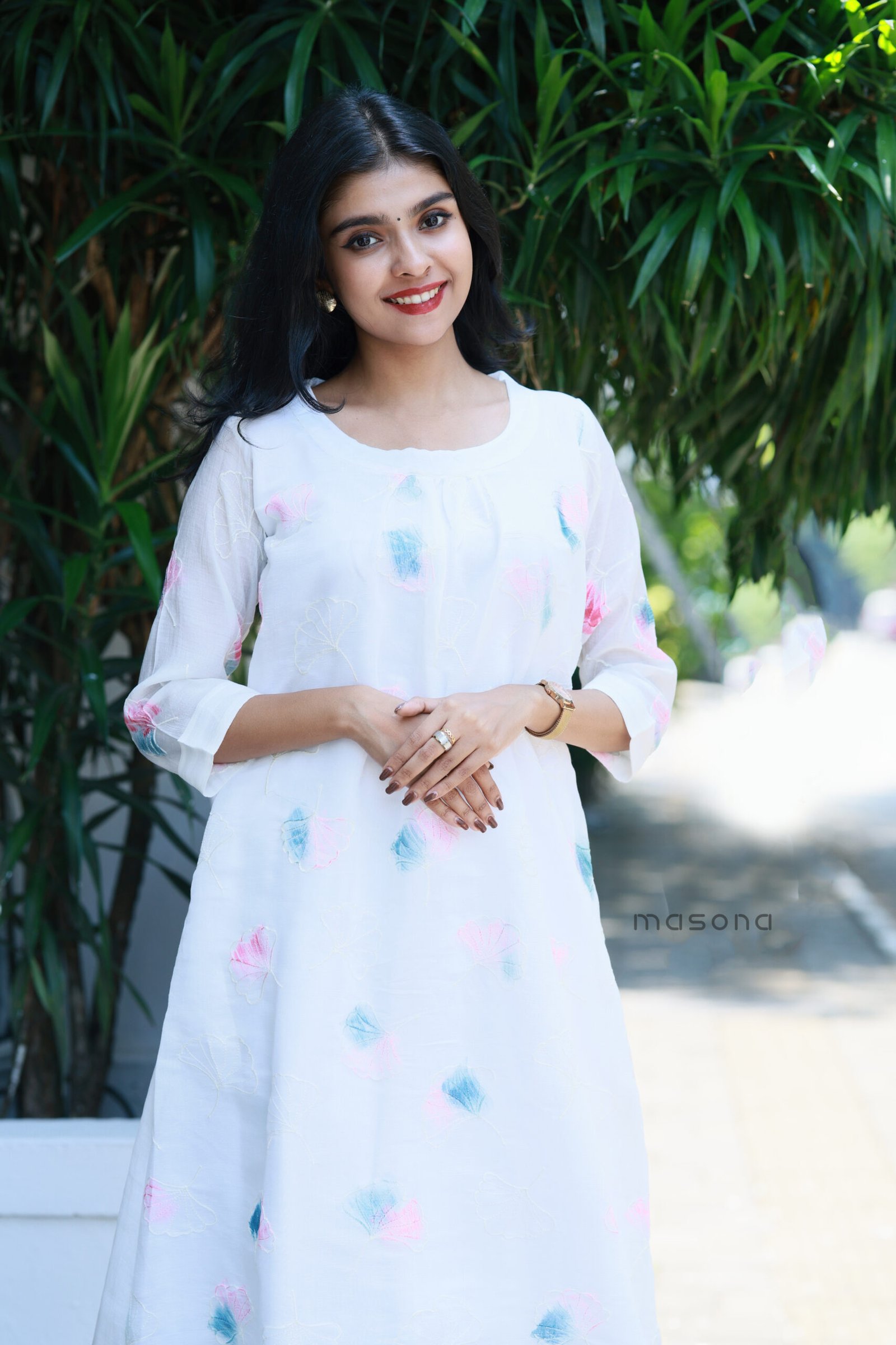 Coral Silk A Line Kurti With Brush Print - M2040 - Image 2