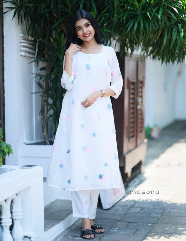 Coral Silk A Line Kurti With Brush Print - M2040