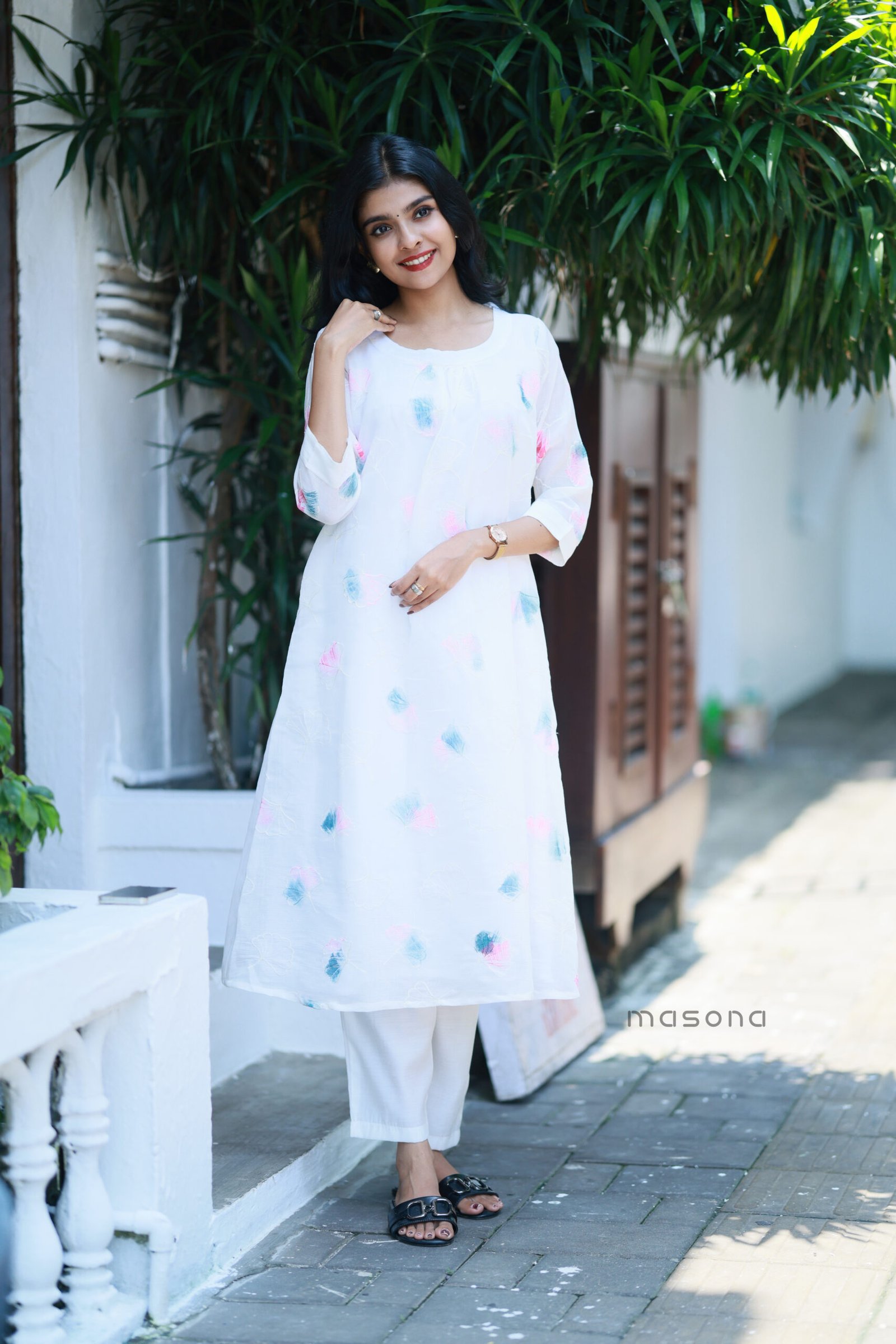 Coral Silk A Line Kurti With Brush Print - M2040
