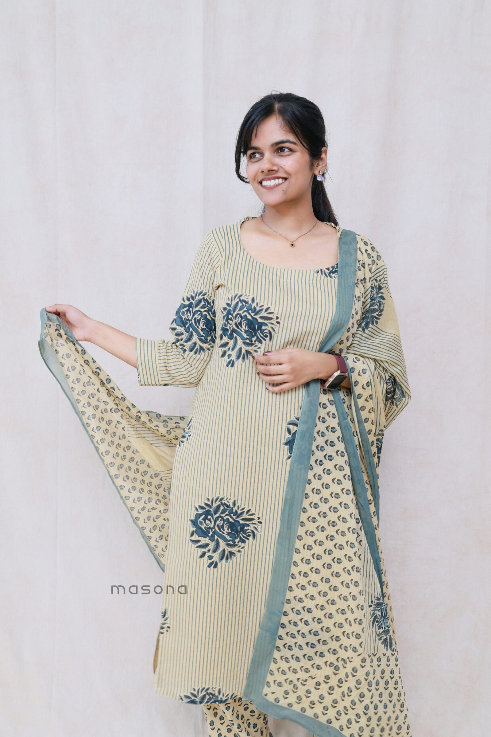 Floral Stripe Top Bottom Dupatta Set – M2071 - Image 3