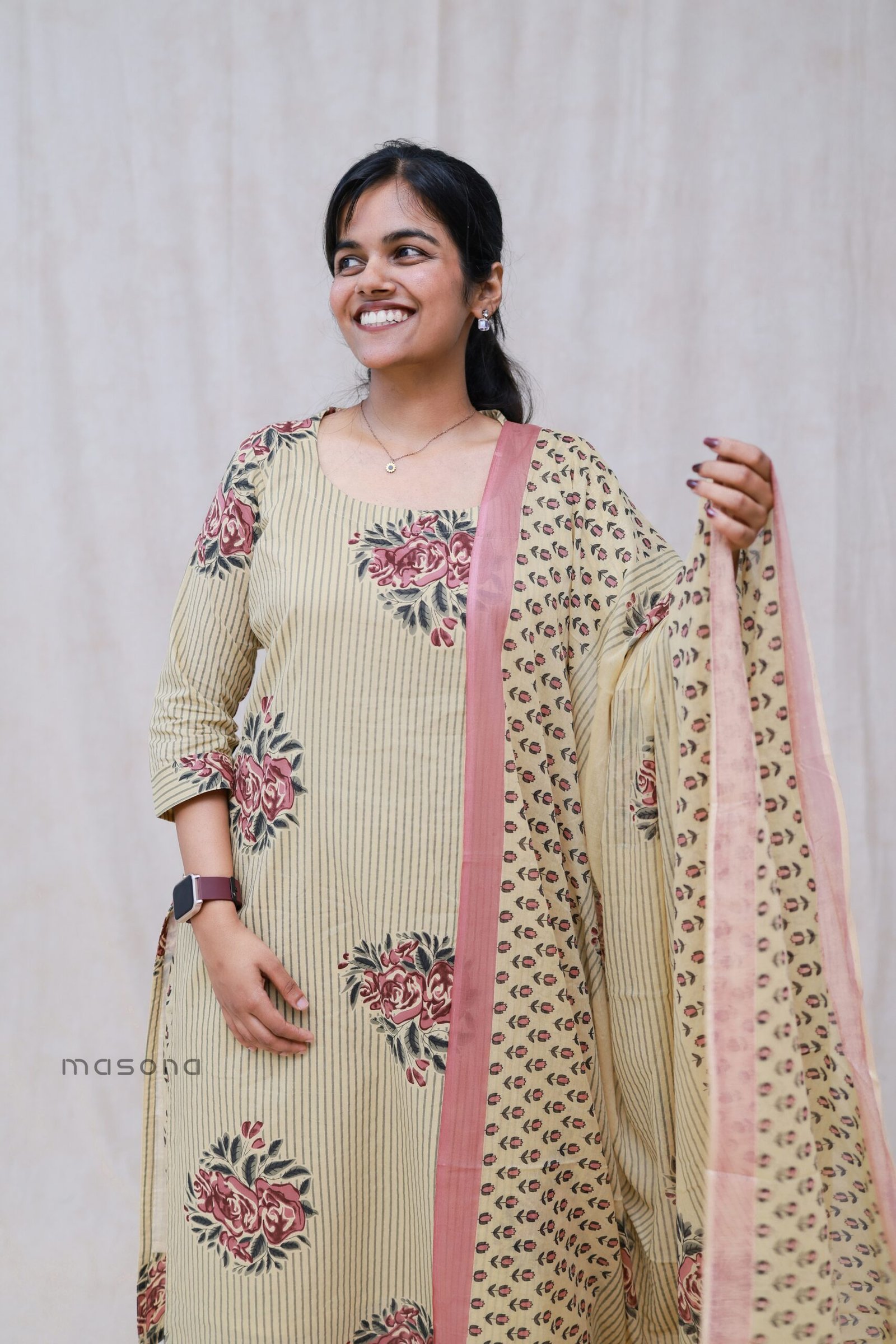 Floral Stripe Top Bottom Dupatta Set – M2071 - Image 4