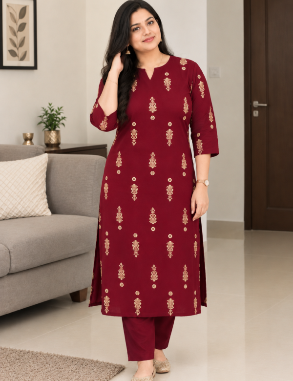 Notch Neck Motif Kurta Set - M1982